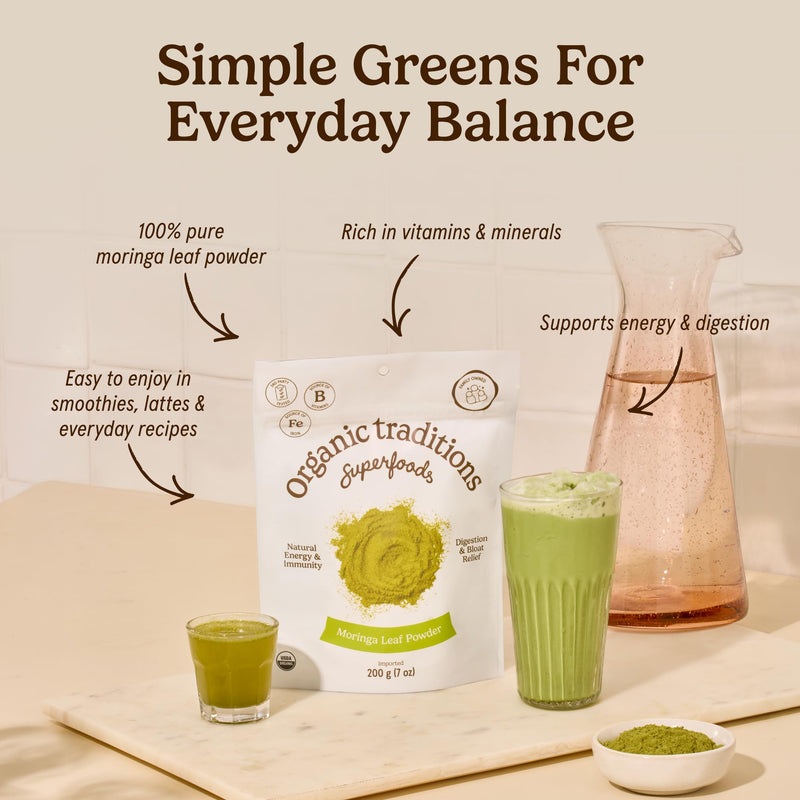 Organic Traditions Moringa Leaf Powder, Green Superfood for Smoothies, 7oz | Rich in Natural Vitamins and Minerals, Traditionally Used for Daily Well Being, Vegan Non GMO Green Powder for Smoothies