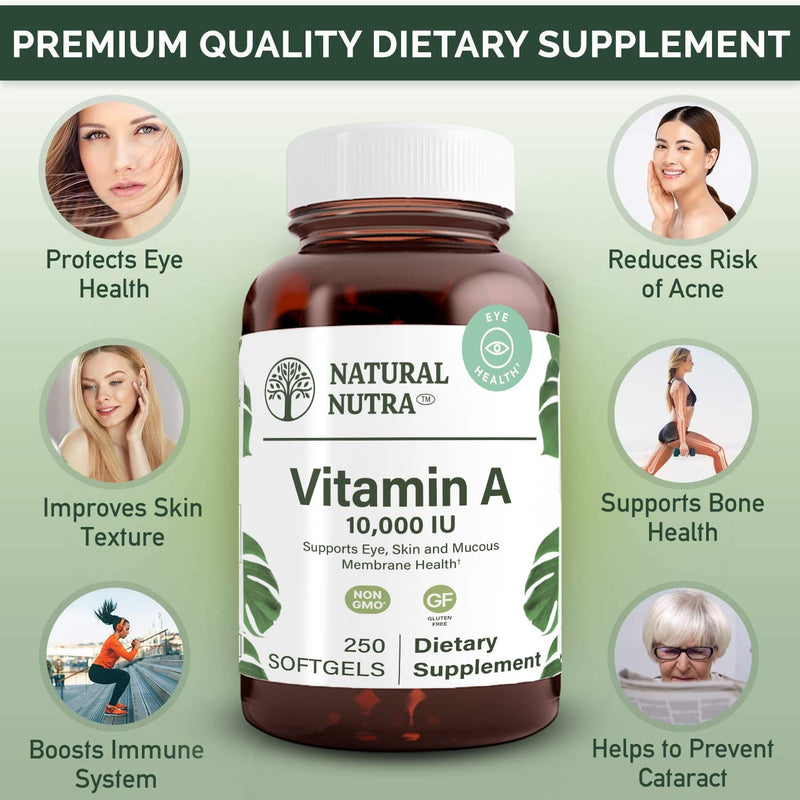 Natural Nutra Vitamin A 10000 IU Softgels, Vitamin A 250 Count (2 Pack) | 10000 IU Per Softgel,Supports Eye Health,Supports Skin Health,Gluten Free 500 Count (Pack of 1)
