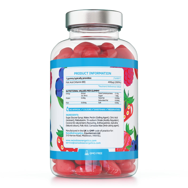 Folic Acid Gummies - 400μg, 60 Natural Berry Flavoured & Vegan Gummies - High Strength Vitamin B9 Folic Acid Pregnancy Support Prenatal Vitamin - No Artificial Sweeteners or Flavours – UK Made 60 Gummies