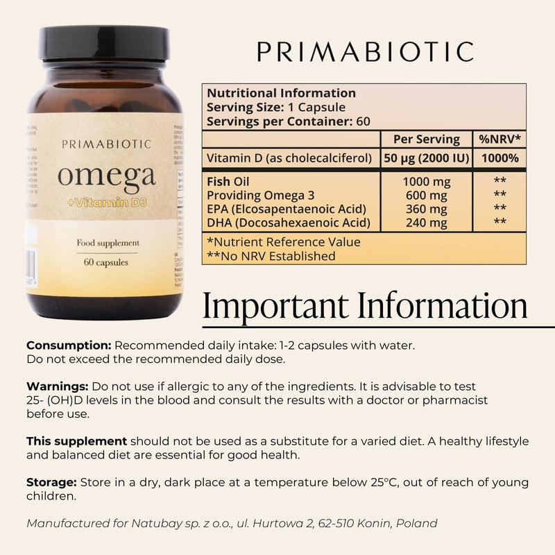 Omega 3 + D3 – Primabiotic Omega-3 Fish Oil 1000 mg + D3 (2000 IU) | High-Strength, Pure & Premium Supplement | 60 Capsules | Supports Heart, Brain & Immune System