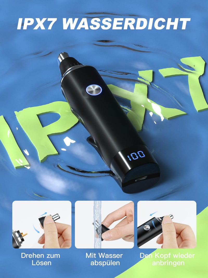 [Australia] - Nose Hair Trimmer, USB Rechargeable Nose Hair Trimmer with LED Display, 2 IN 1 Pain-Free Multifunctional Ear and Nose Hair Trimmer with IPX7 Waterproof, Easy to Carry Black 