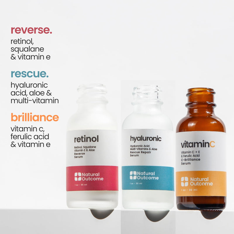 Natural Outcome Hyaluronic Acid, Vitamin C Face Serum and Retinol Facial Serum - Night and Day Anti Aging Facial Serum and Hydrating Serum Set 1 oz Each, Vegan, Cruelty Free & Fragrance Free