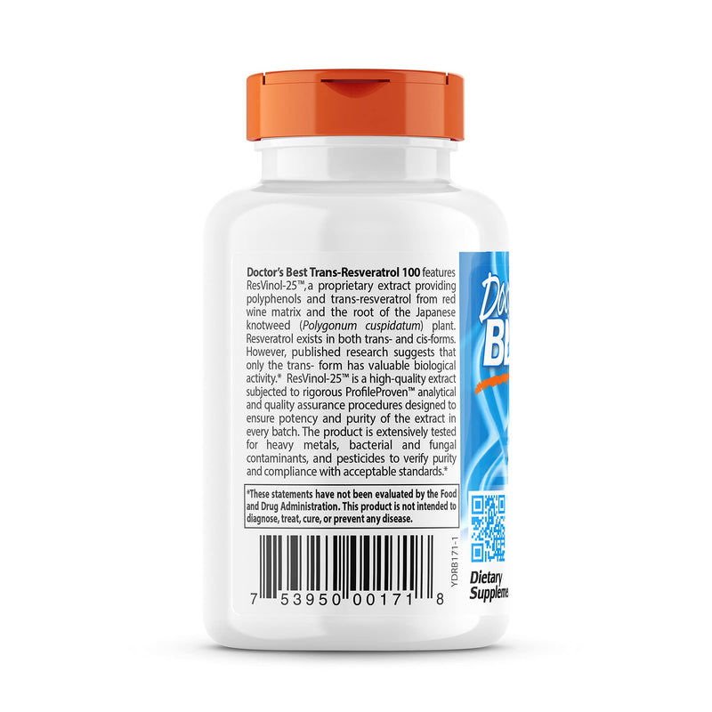 [Australia] - Doctor's Best, Trans-Resveratrol with Resvinol, non-gmo, vegan, Gluten Free, Soy Free, 100 mg, 60 Veggie Caps (DRB-00171) 