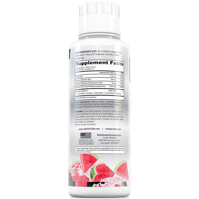 Cutler Nutrition Liquid L-Carnitine Fat Burner with Acetyl L-Carnitine | Watermelon Flavor, 16 fl oz | Triple-Form Liquid with L-Carnitine Tartrate for Energy, Metabolism and Workout Support 16 Fl Oz (Pack of 1)