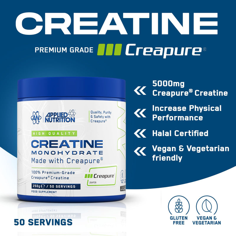 Applied Nutrition – Creatine Monohydrate – Made with Creapure® – Best Premium-Grade Creatine – Best Performance & Strength Support – Increased Energy & Endurance – (250g – 50 Servings) (Unflavoured)