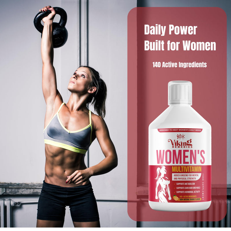 Women’s Multivitamin Liquid – 140+ Nutrients with Amino Acids, Biotin, Iron, B Vitamins, Ginseng – Skin, Hair, Energy & Hormone Support – Orange Flavour – 500ml