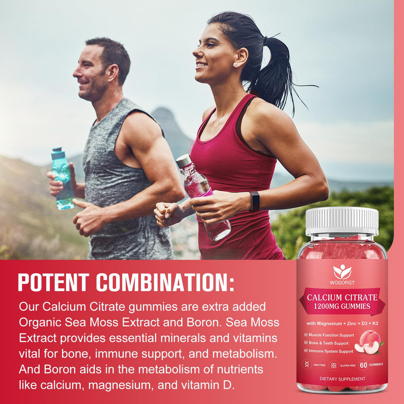 Calcium Citrate 1200mg Gummies with Vitamin D3 K2 for Women, 60Ct (3Pack) | WOGORGT - Chewable Calcium Citrate Gummies Supplement with Magnesium, D3, K2 & Sea Moss Extract, Bone Support, Peach Flavor 60 Count (Pack of 3)