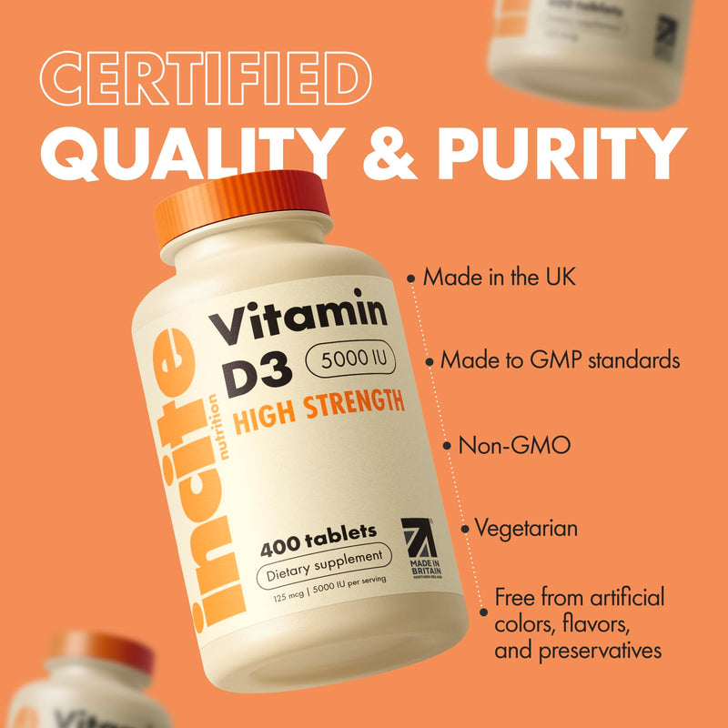 Incite Nutrition Vitamin D 5000 iu - 400 Premium Vitamin D3 Easy-Swallow Micro Tablets - High Strength Cholecalciferol VIT D3 5000iu - Vegetarian Supplement - Made in The UK Vitamin D3 5000 iu