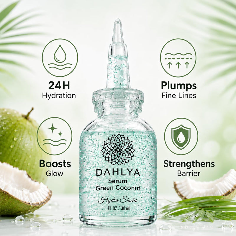 Dahlya Dew Hydrating Face Serum for Dry Skin - Hyaluronic Acid, Aloe Vera, Green Coconut & Vitamin E - Fine Lines & Dehydrated Skin - Brazilian Skincare, All Skin Types, 1 fl oz (30ml)