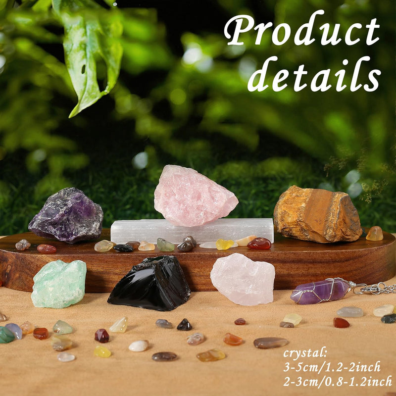 [Australia] - MAIBAOTA 17 Pcs Crystals and Healing Stones 14 Pcs Raw Healing Crystals and Chakra Stones Set Amethyst Rose Quartz Selenite Gemstones Necklace for Meditation Guide for Beginners (with Gift Box) 