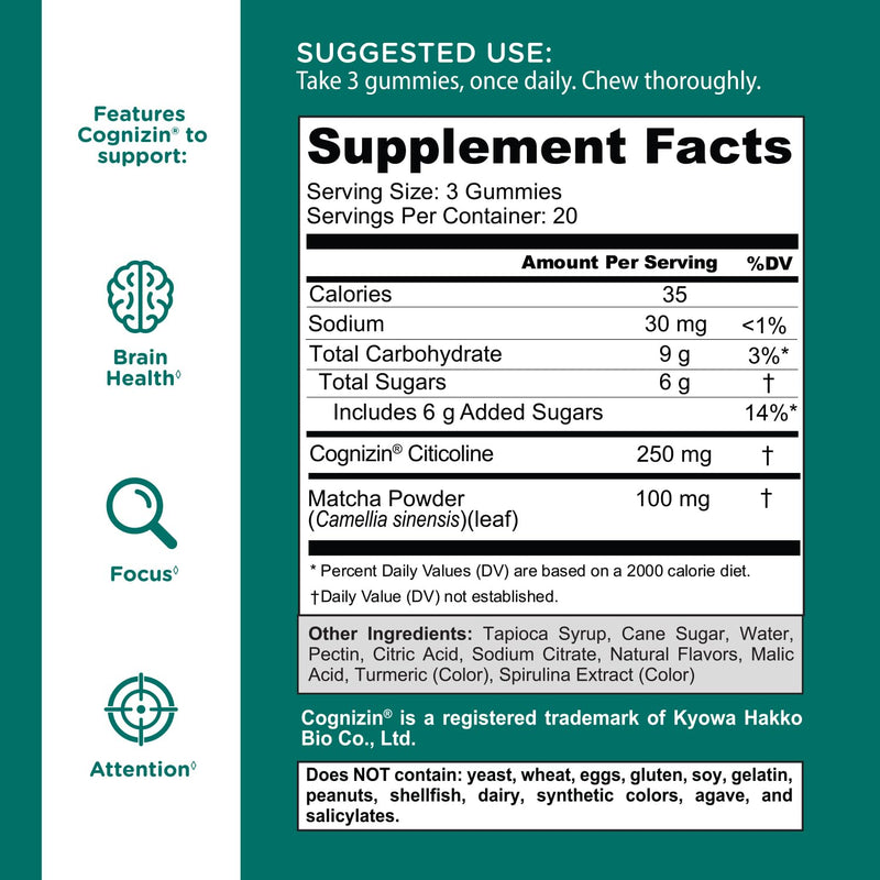 [Australia] - Goli Matcha Mind Gummies - 60 Count - Green Tea Leaves Powder with Cognizin for Focus, Attention and Brain Health, Vegan, Non-GMO, Gluten-Free & Gelatin Free. 