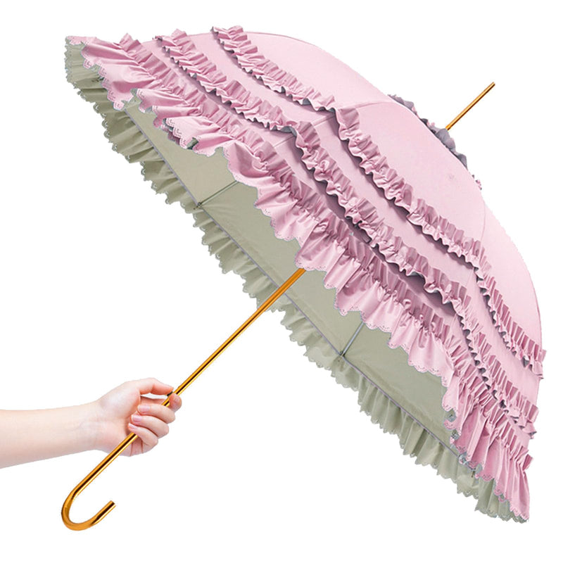 Ruffled Umbrella with Gold Handle, Mint Green and Peach, 34.65 inch Canopy, Decorative Stick Umbrella Pink