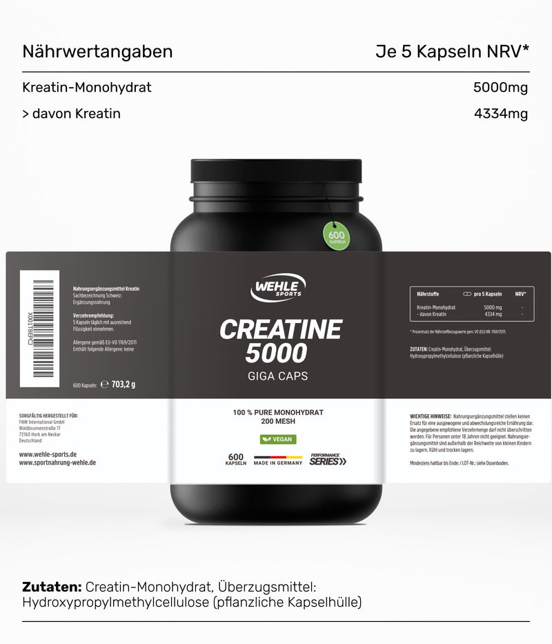 [Australia] - High-dose creatine capsules, workout booster, 5000 mg creatine monohydrate per daily dose, 600 vegan creatine capsules, 100% pure with mesh factor 200 - Halal & Vegan (600 capsules) 600 capsules 