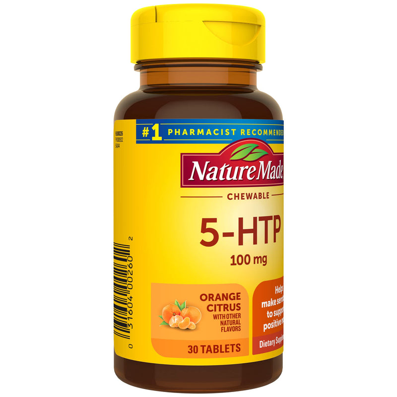 [Australia] - Nature Made Chewable 5HTP 100mg, 5-HTP Mood Support Supplement, 30 5 HTP Chewable Tablets, 30 Day Supply Orange Citrus 30 Count (Pack of 1) 