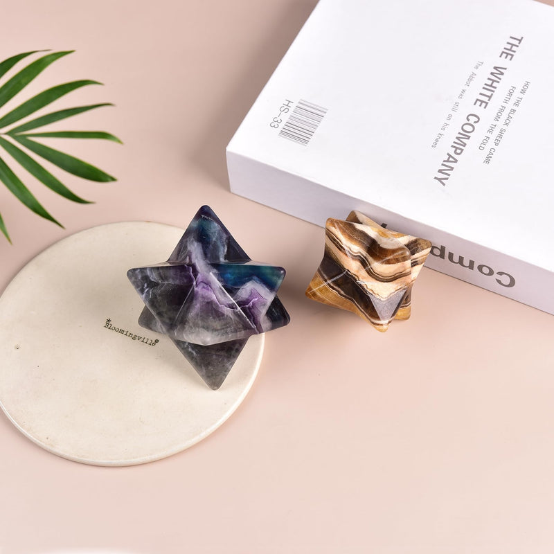 JIC Gem Colourful Fluorite Merkaba Crystal Natural Healing Crystal Stones Meditation Reiki 3D Star Dodecahedron Crystal Grid Home Decor Spiritual Gifts (8-9cm) 3.14-3.54 Inch