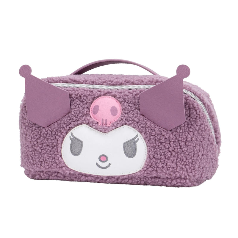 Impressions Vanity Kuromi Unfold Travel Makeup Bag Organizer, Opens Flat Zippered Cosmetic Bag with Cozy Sherpa Fabric Texture, Dual Compartments, Inner Pockets, and Top Carrying Handle (Lilac)