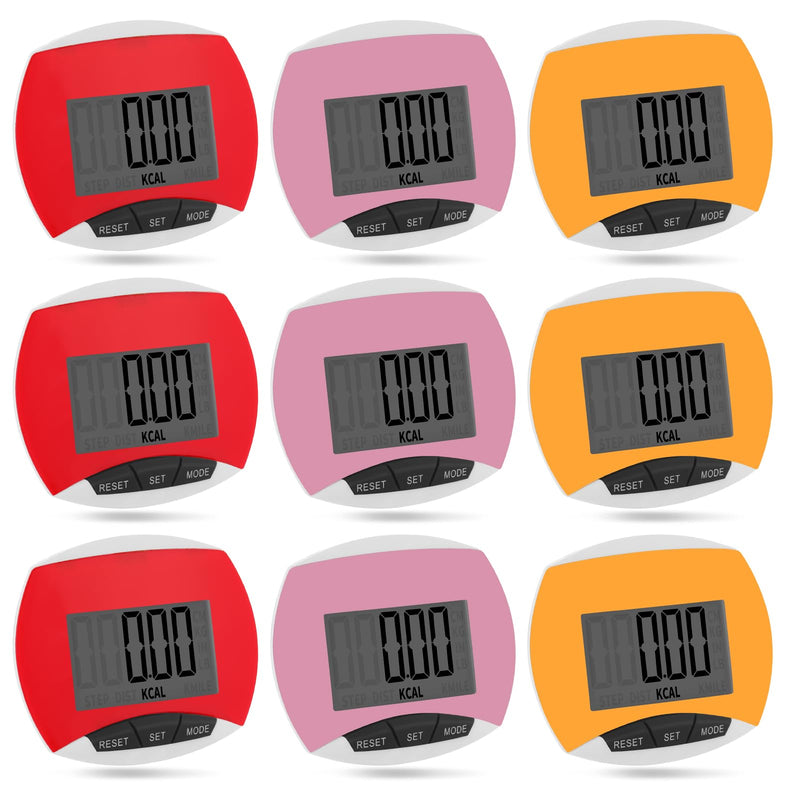 9 Pcs Simple Pedometers Bulk for Walking Steps and Miles Walking Step Counters with Calories Burned Portable Clip Step Tracker for Seniors Man Women Jogging Hiking Running Red, Pink, Yellow