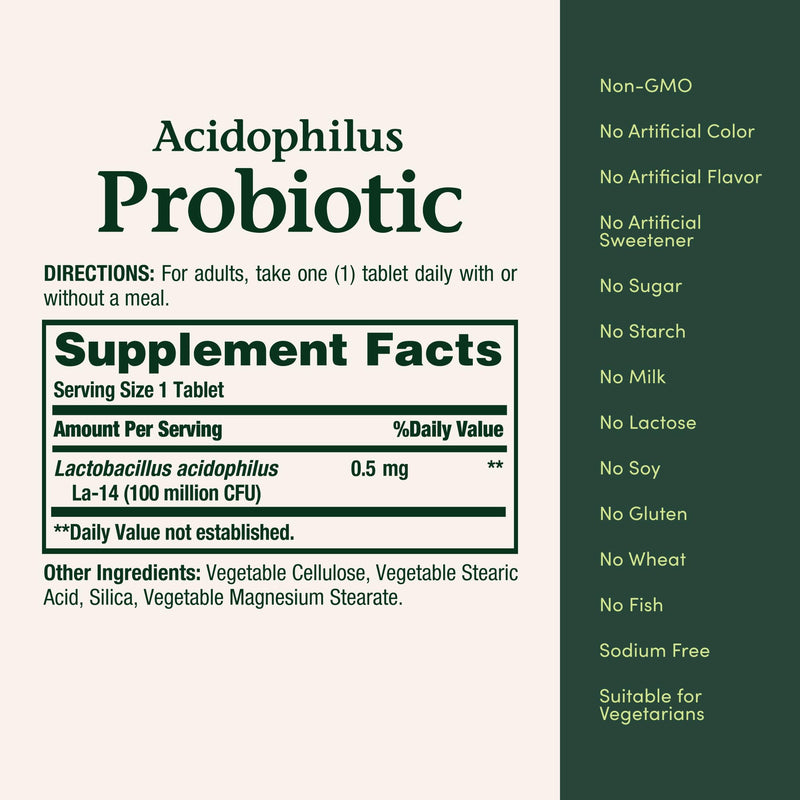 Nature's Bounty Lactobacillus Acidophilus Probiotic Supplement, 120 Tablets | Daily Probiotic for Women/Men Digestive Health, 100 Million Organisms, Vegetarian, 1 Serving per Day Unflavored 120 Count (Pack of 1)