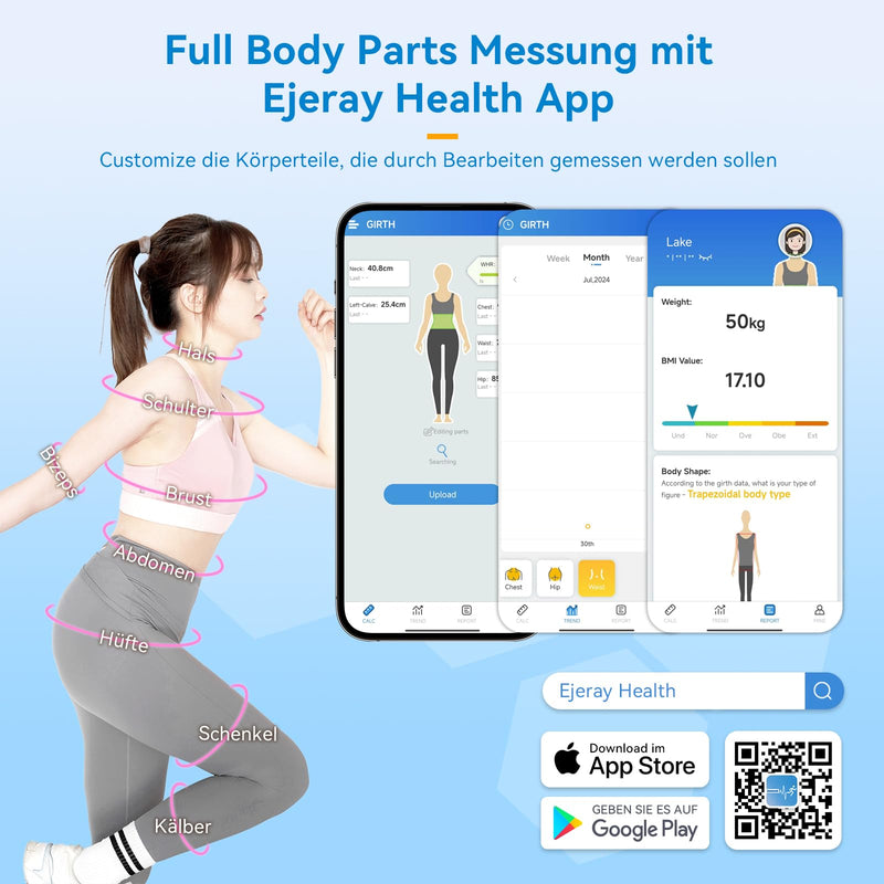 [Australia] - EJERAY Smart Body Measuring Tape, Bluetooth Body Fat Measuring Tape with App, Measuring Tape Body Measurements of Biceps, Chest, Hips, Calves, Thighs and Neck, Fitness Tape Measure, 60in/150cm 