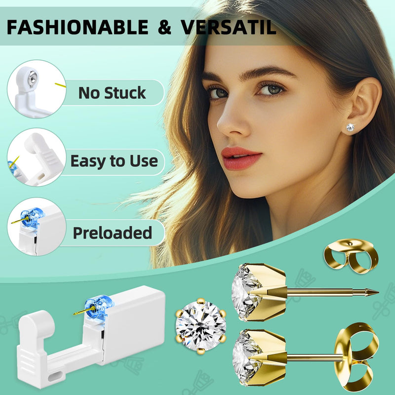 [Australia] - 12 Pcs Ear Piercing Kit Disposable Ear Piercing Gun Kit with 4 Pcs 6 Prong Setting Cubic Zirconia Earrings Stud 316L Stainless Steel Easy to Use at Home Self Ear Piercer Gun Kit Tool Gold 