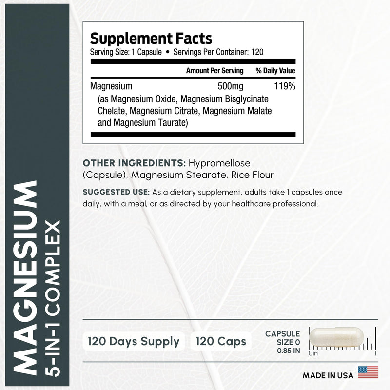 ForestLeaf Magnesium Complex 500mg - 500mg Capsules - Supplement 500 mg - for Sleep, Constipation - Supplement for Women (120 Ct)