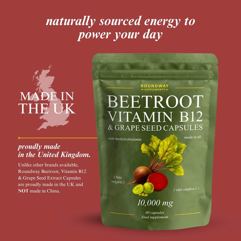 Beetroot Capsules with Vitamin B12 & Grape Seed Extract for Energy & Immunity + Nitric Oxide | High Strength 9000mg Beetroot, 1000mcg Methylcobalamin | 60 Capsules (2 Months) by Roundway Supplements