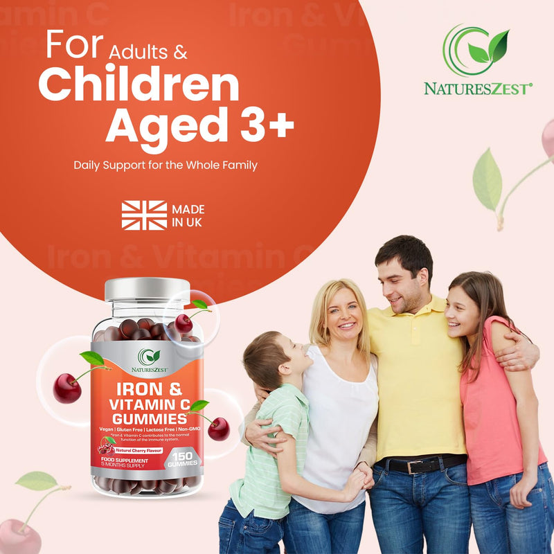 Iron & Vitamin C Gummies for Adults & Kids - 150 Chewable Gummies for Energy & Immune Support | Vegan Iron Supplement |Natural Cherry Flavour, Non-GMO -5 Month Supply - By Natures Zest