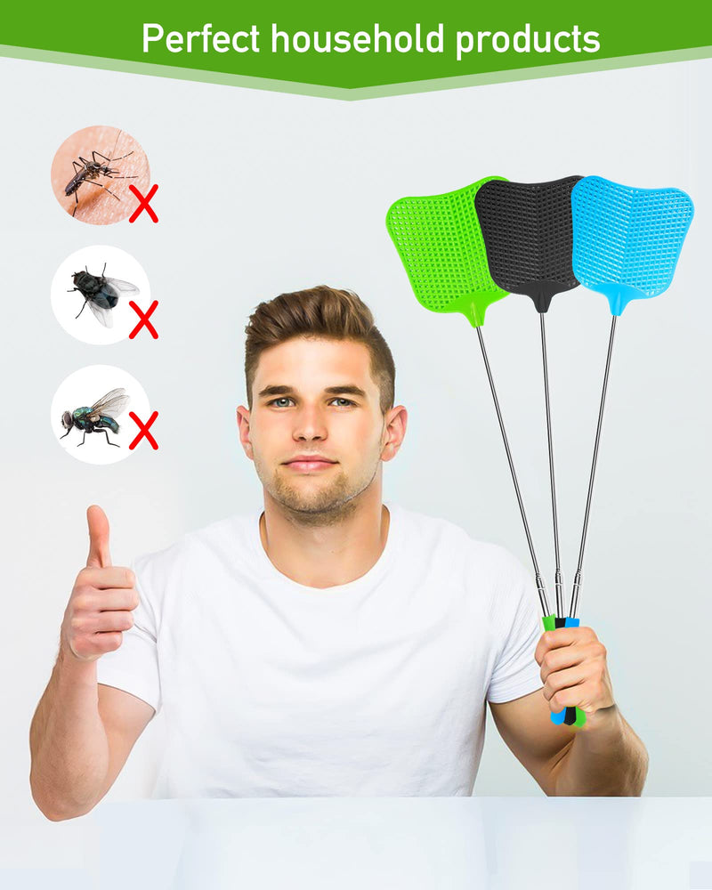 3 pcs Fly Swatter, Fly Swatter Plastic,Telescopic Fly Swatters, Large Bug Swatter That Work for Indoor and Outdoor. (Black Blue Green)