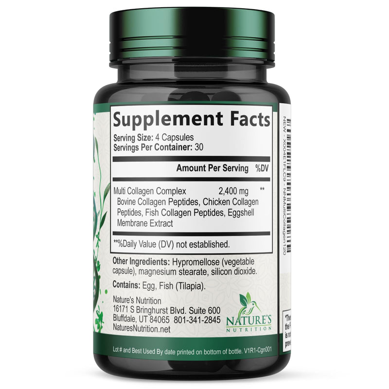 Multi Collagen Pills - Hydrolyzed Collagen Peptides Capsules for Women & Men - Types I, II, III, V, X Multi Collagen Complex - Hair, Skin & Nails Support Supplement - Bottled in the USA - 120 Capsules 120 Count (Pack of 1)