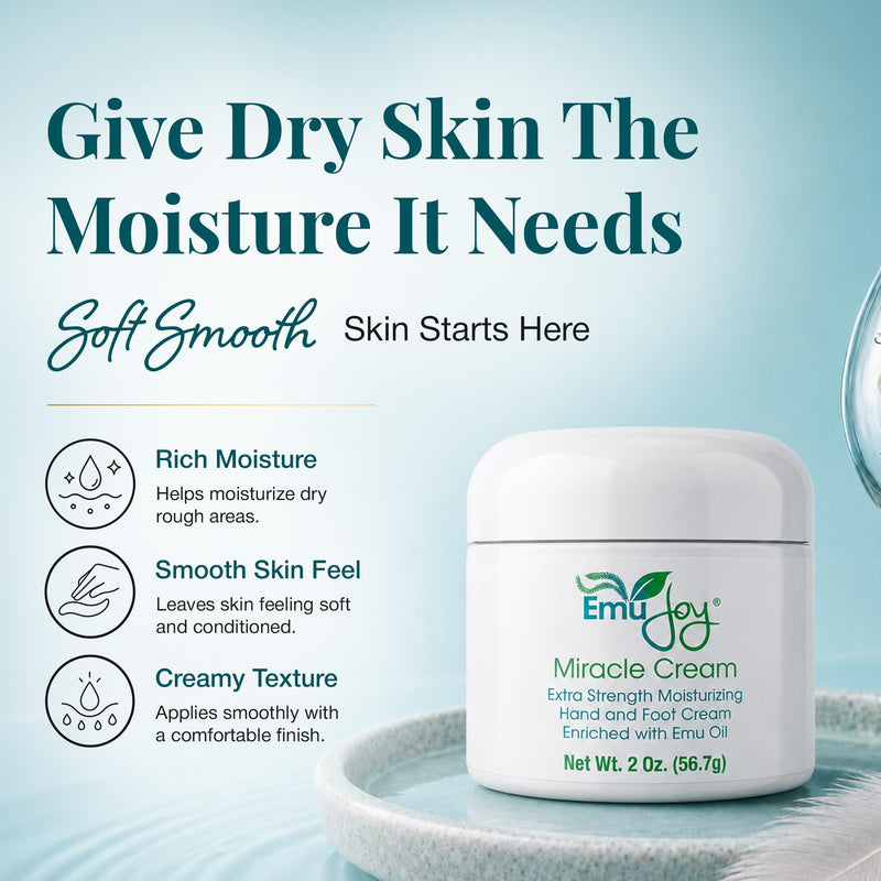 Emu Joy Miracle Cream - Emu Oil Hand & Foot Cream For Cracked Heels - 2 oz | Extra Strength Cream With Emu Oil, Lanolin & Beeswax For Hands, Feet, Elbows and Knees With Rich Moisturizing Care