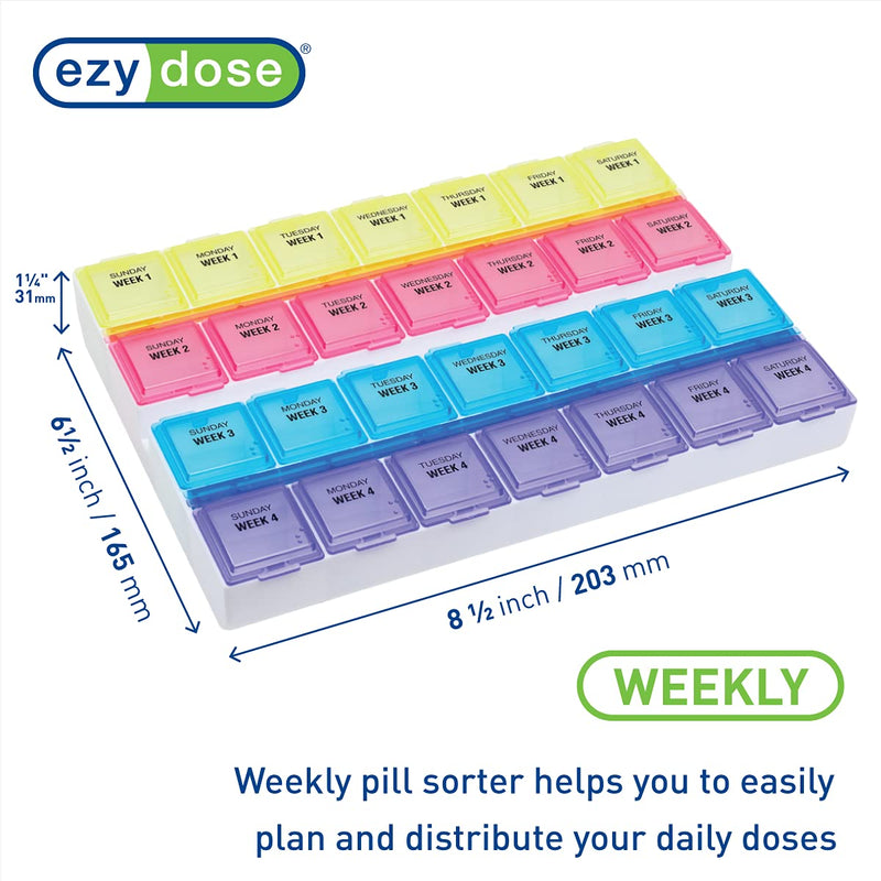 EZY DOSE Monthly (28-Day) Pill Case, Daily Medicine Planner, Vitamin Organizer, Supplement Container, One Month, Large Contoured Compartments, Convenient and Easy to Use, Colored Lids, BPA Free | Daily Vitamin & Supplement Prescription Box, Compact Con...