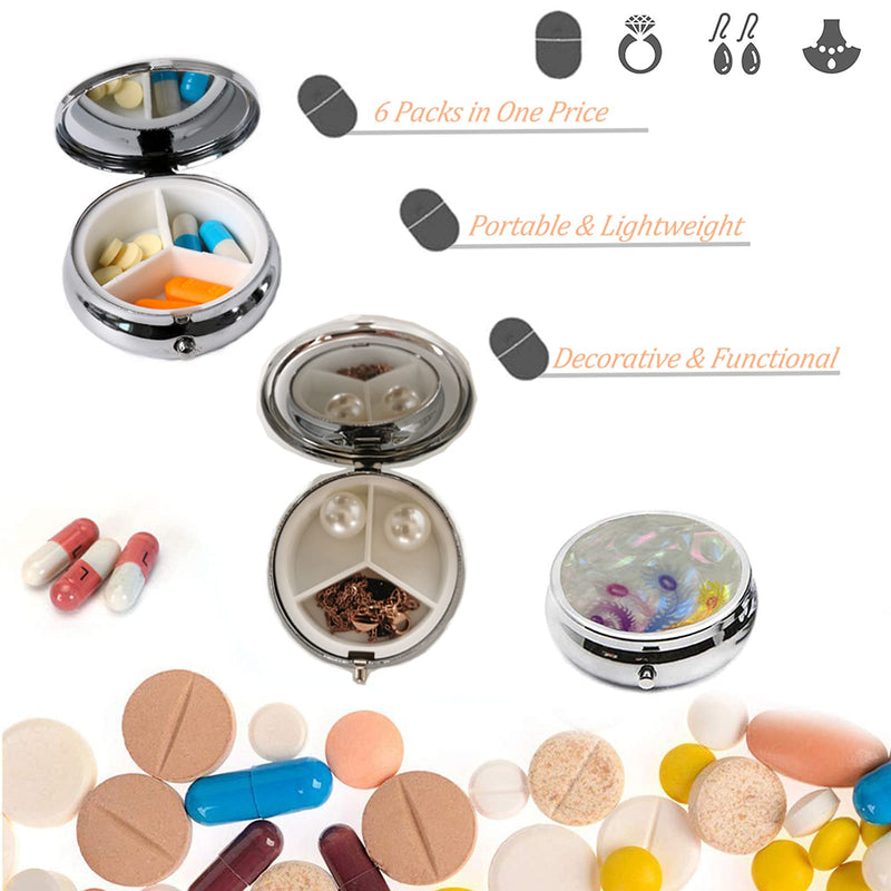 6Pcs Elegant Pill Box Case, Portable Medicine Holder | Tablet Vitamin Organizer with 3 Component for Purse Pocket Travel - Practical & Fashionable(6 Patterns, 1.6Inches) Style 2