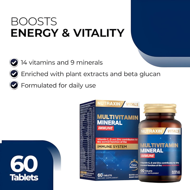 Nutraxin Multivitamin & Minerals Immune Support – 14 Vitamins, 9 Minerals with Elderberry, Black Cumin & Beta Glucan – Energy & Wellness Formula – 60 Vegan Tablets for Women & Men Immune Tablets