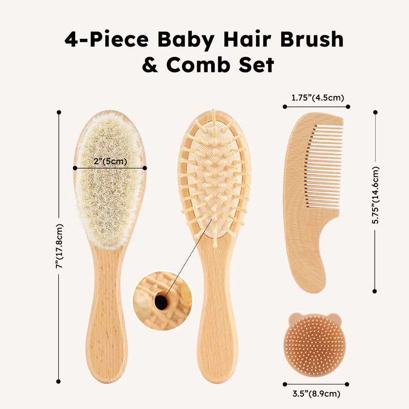 [Australia] - Yoofoss 4 Piece Baby Brush and Comb Set, Wooden Baby Brush with Natural Ultra Soft Goat Hair, Baby Hair Brush for Newborn, Baby Brush Set for Boy Girl Wood 