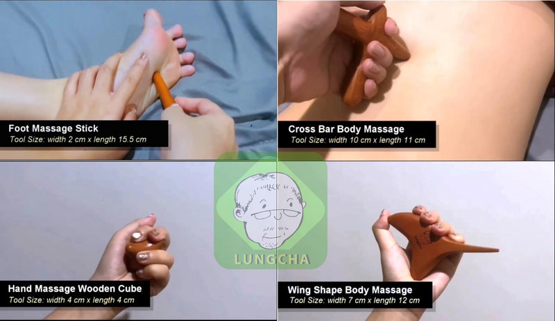 [Australia] - Lungcha 4 Types, 5 Piece Set Traditional Thai Massage Reflexology Wooden Stick Tool (Set of 4 Types Body Hand Foot Massage) 