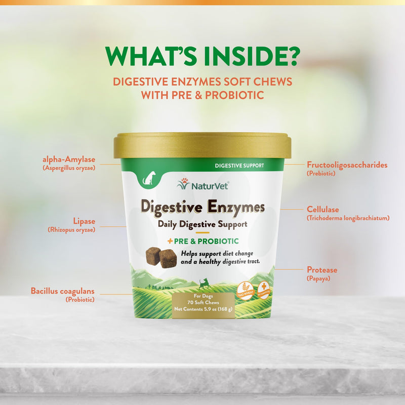NaturVet Advanced Probiotics and Enzymes Supplement Digestive Enzymes - Plus Probiotics & Prebiotics Soft Chews, 70 Count Made in The USA with Globally Source Ingredients 70 Soft Chews - PawsPlanet Australia