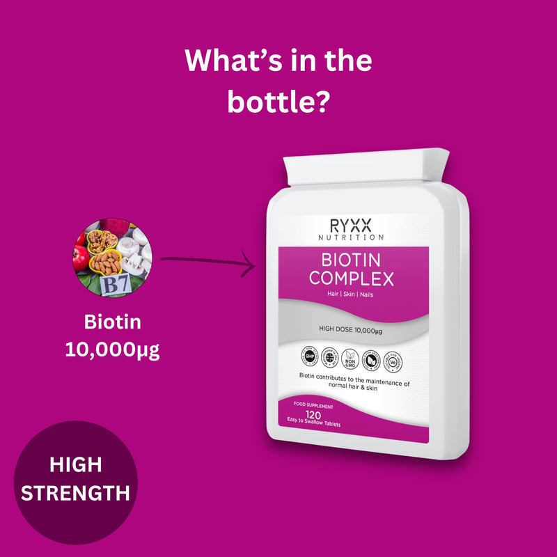 Biotin Complex 10,000µg | High Strength Biotin for Hair Growth, Skin & Nails | 120 Vegan Tablets | Made in the UK by RYXX