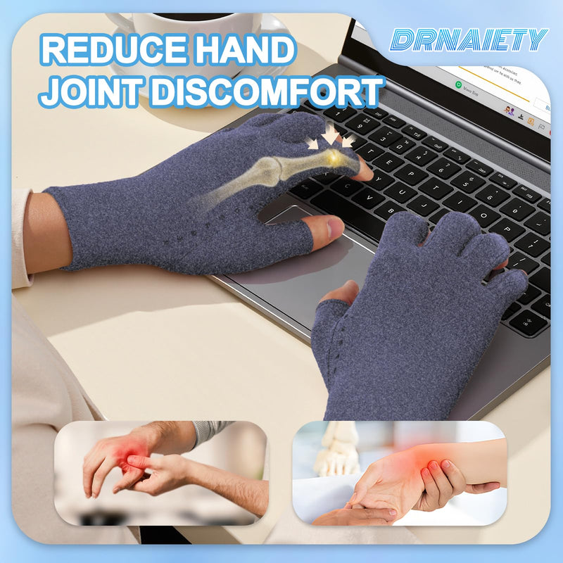 DRNAIETY 2-Pair Arthritis Compression Gloves- for Hand Arthritis, Carpal Tunnel Pain, Rheumatoid Arthritis, RSI, Fingerless, Anti-Slip, Breathable Gloves for Men & Women, Typing, Daily Use(M Blue) Medium Navy Blue