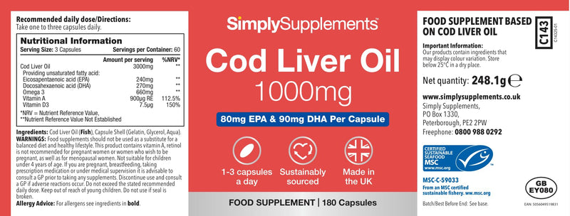 Pure Cod Liver Oil 1000mg | Supports Heart, Brain, Vision & Immune Health | 240mg of EPA and 270mg of DHA per Serving | 360 Capsules | Made in The UK | Made with MSC-Certified Cod Liver Oil New Label Design