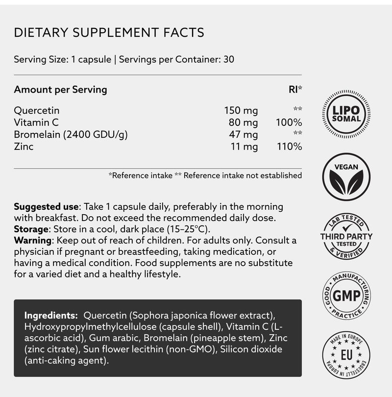 PUROVITALIS Liposomal Quercetin Complex 150mg with Bromelain, Vitamin C & Zinc, 99% Purity, Immune Support Supplement, 1-Month Supply (30 Vegan Capsules)