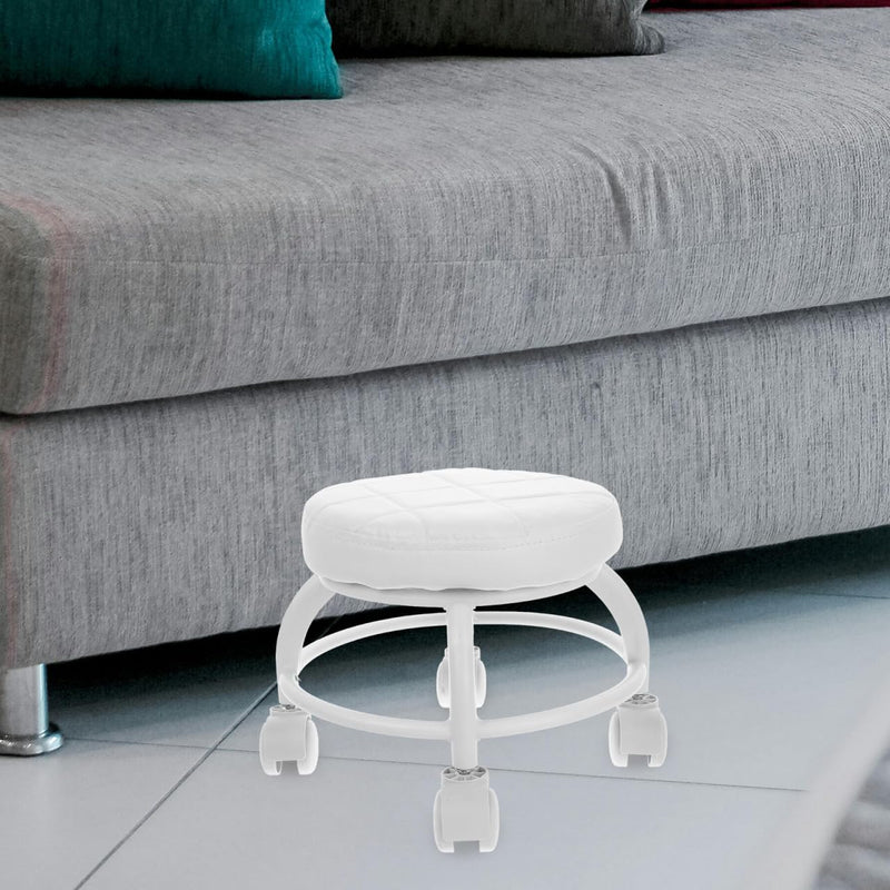 [Australia] - Low Rolling Stool with Wheels PU Leather Low Stool Modern Round Roller Seat for Manicure, Mechanic,Home Office White 