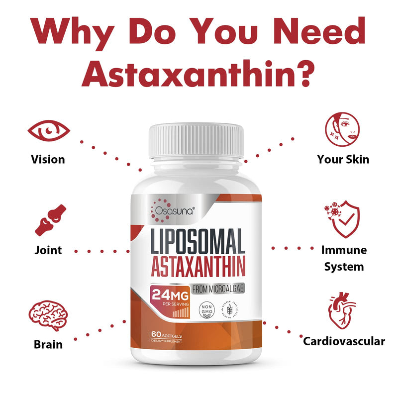 [Australia] - Liposomal Astaxanthin Supplement 24 MG, Maximum Absorption, Antioxidant Stronger Than VIT C, Non-GMO & Gluten Free - 60 Softgels(2 Months Supply) 60 Count (Pack of 1) 