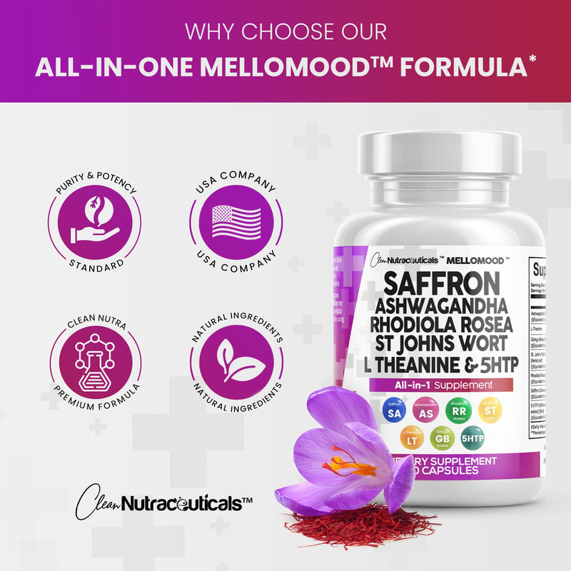 [Australia] - Clean Saffron Supplements with Ashwagandha 8000mg - Mood Support with L-Theanine 200mg, Ginkgo Biloba 6000mg, St. John's Wort 6000mg, Rhodiola Rosea 3000mg & 5-HTP 500mg - Saffron Pills Capsules USA 