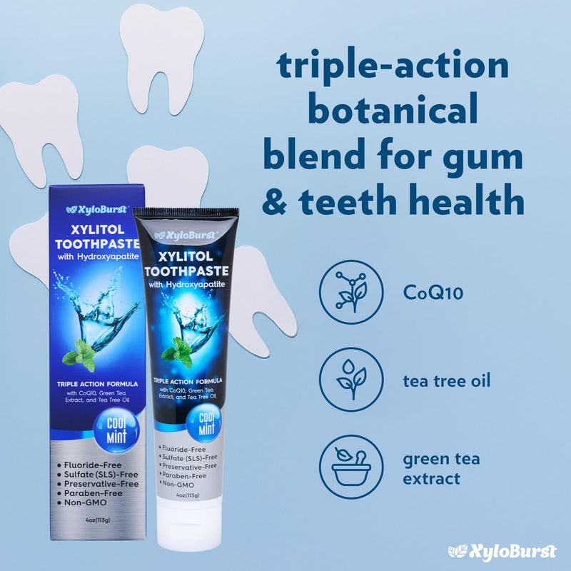 [Australia] - XyloBurst Hydroxyapatite Toothpaste with Xylitol - Fluoride-Free Hydroxyapatite Toothpaste, SLS-Free, Paraben Free, Cruelty Free, Made in The USA, Cool Mint, 4 oz Tube (3 Tubes) 3 Pack 
