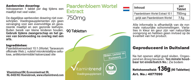 [Australia] - Dandelion extract 750mg - 90 tablets! 3 MONTH SUPPLY! - vegan - highly dosed - 10-fold concentrated | Vitamintrend® 