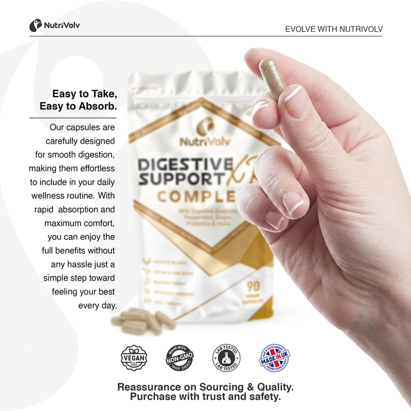 Digestive Support XR Complex | 90 Vegan Capsules | Premium Digestive Enzyme & Fibre Blend | Digestive Balance, Bloating Comfort & Gentle Gut Movement | Peppermint, Ginger & Probiotics | by NutriVolv