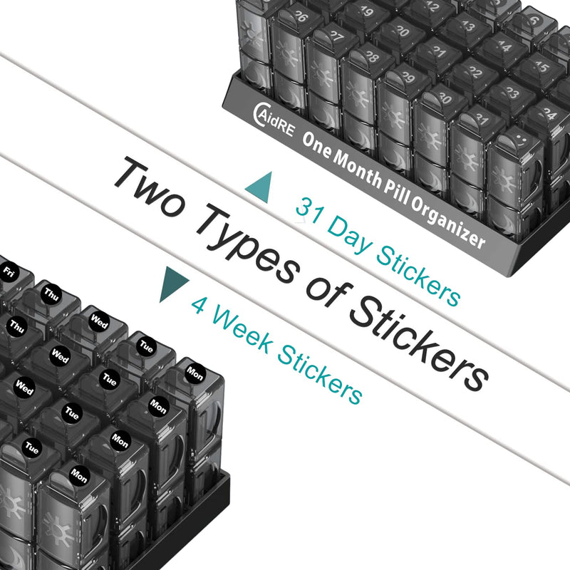 Monthly Pill Organizer 2 Times a Day, CAidRE 30 Day Pill Organizer AM PM, One Month Pill Boxes and Organizer, 31 Day Pill Organizer with Weekly Pill Holder for Fish Oil, Vitamins, Supplements, Black