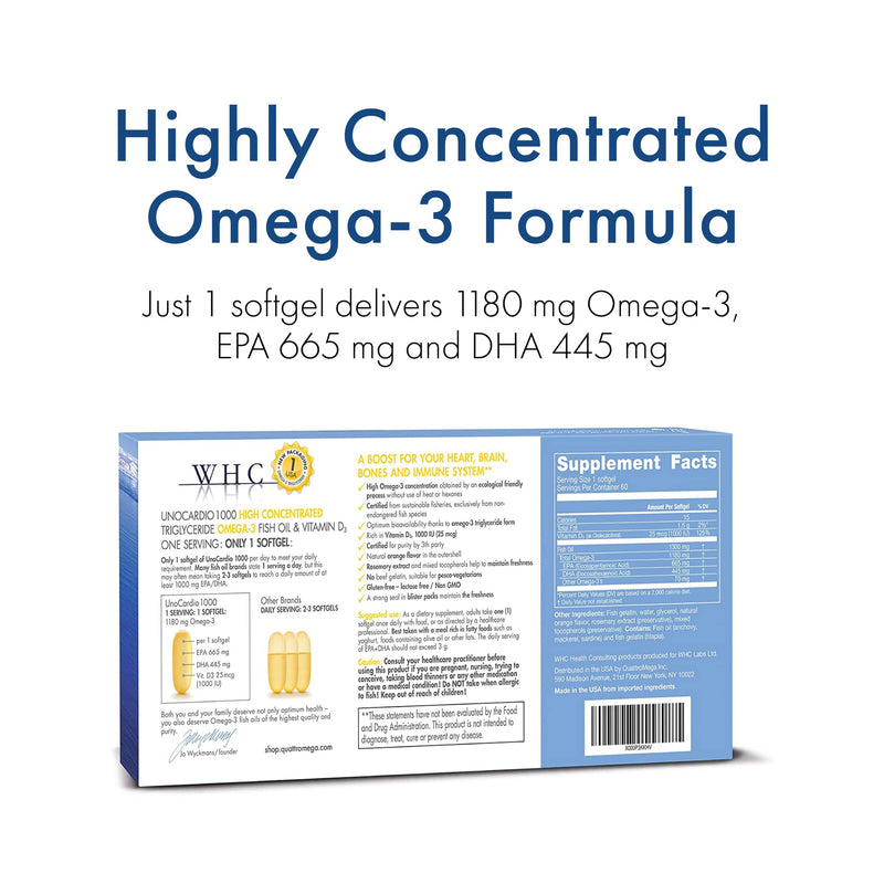 [Australia] - WHC, UnoCardio 1000 Fish Oil, 1300 mg of Pure Triglyceride Fish Oil with Omega-3 (1180 mg), 665 mg EPA and 445 mg DHA and 25 mcg (1000 IU) Vitamin D3 per softgel, Natural Orange, 60 softgels 