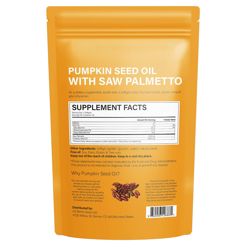 [Australia] - J-PRQ Pumpkin Seed Oil with Saw Palmetto- 180 Softgels - 3000mg -Cold Pressed - Pure Virgin Oil - Essential Fatty Acids & Phytosterols - Supports Hair - Urinary - Bladder & Prostate Health - Non-GMO 