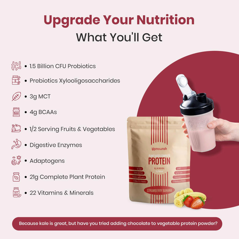 [Australia] - UpNourish Strawberry Banana Vegan Protein Powder 54 Superfoods Powder,1.5 Billion CFU Probiotics 21g Plant Based Protein,No Sugar No Dairy No GMO Dairy Free,Meal Replacement Shake Keto-Friendly Low-Carb Diet,15 Servings 